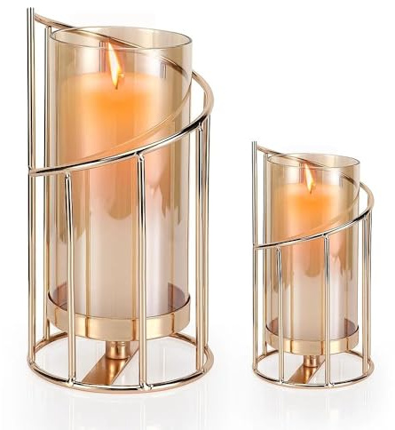 Windlicht Kerzenständer Deko, 2er Set Glaszylinder Mit Metall Boden, Vintage Tischdeko, Modern Kerzenständer Geometrisch für Wohnzimmer, Esstisch, Garten Dekoration (Gold)