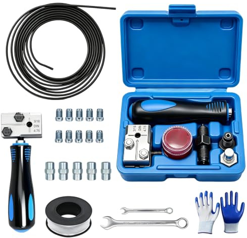 Outils D'évasement de Tuyaux de Freins, Kit d'évasement de Câbles de Frein pour Evasement DIN - 4,75 mm, 10 raccords vissés, 5 raccord, Bande d'étanchéité PTFE, pour Conduites de Frein ou Hydrauliques