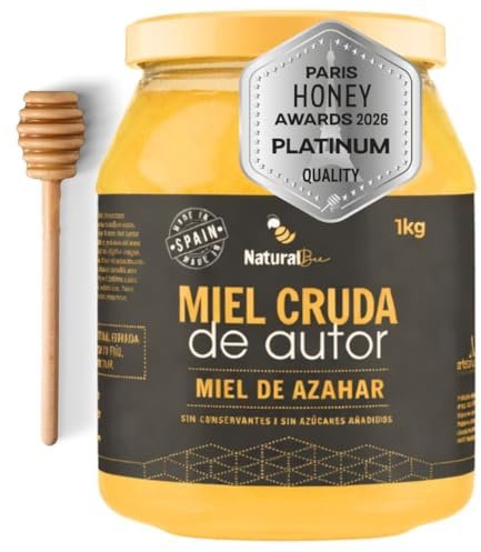 Natural Bee - Premio Platino Paris Awards 2026. Miel de Azahar Pura de Abeja 1kg. Cosecha Propia, Real, Mágica, Cruda sin filtrar, Sin azúcar. Incluye cuchara para miel. 100% Española. Regalo gourmet.