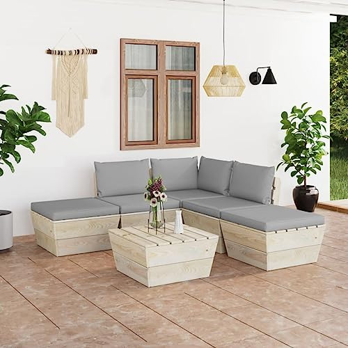 QUAHEAS 6-TLG. Garten-Sofagarnitur aus Paletten mit Kissen, Fichtenholz, Grau, Modulares Lounge-Set für Terrasse, Balkon und Wohnzimmer