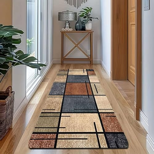 Vintage Teppich Kariert 80x200cm Braun Grau Grün Industrial Style Wohnzimmer Esszimmer Flur Weich Fußbodenbelag Gemütlich Anti-Rutsch Waschbar für Retro & Loft Einrichtung Gemütliche Atmosphäre
