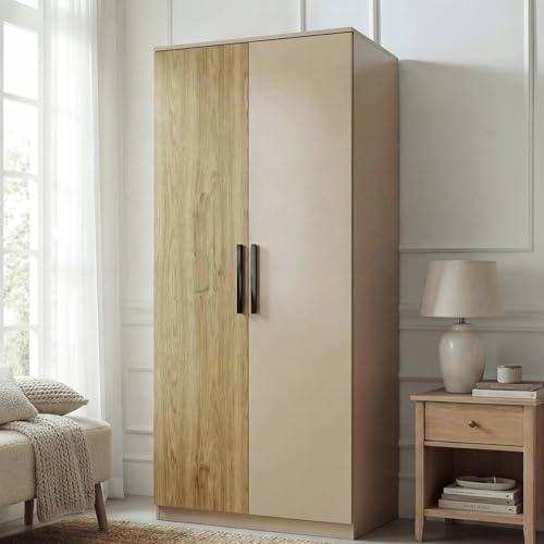 Blisswood 2 Door Wardrobe for Bedroom, Large Wardrobe Storage Cupboard with Shelves & Hanging Rail, Wooden Double Wardrobe for Bedroom Furniture, 176H x 76W x 51D cm (Oak + Cashmere)