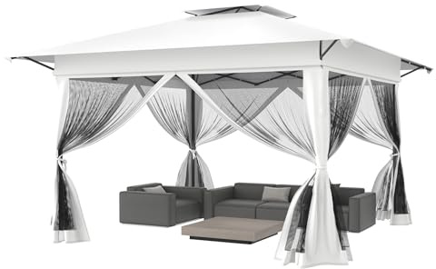 YZNAHRE Gartenpavillon 3x3m, Pop-Up Faltpavillon mit Doppeldach, 4 Moskitonetzen, UV-Schutz, Mückensicher, Höhenverstellbar (3 Stufen), Weiß