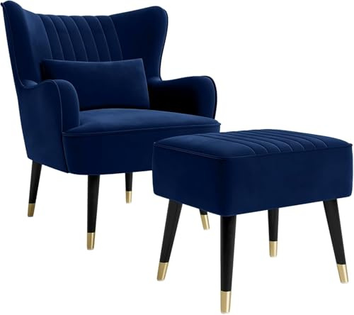 Vesgantti Samt Sessel, Moderne Relaxsessel mit Holzbein, Loungesessel mit Armlehnen, Ohrensessel für Wohnzimmer Schlafzimmer (Blau, Mit Fußhocker)