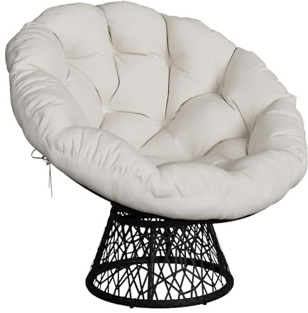 GarveeHome Papasansessel, gemütlicher Drehsessel mit Kissen rund, bequemer Rattansessel, Loungesessel drehbar, runder Relax Korbsessel Rattan für Wohnzimmer, Leseecke, Lounge