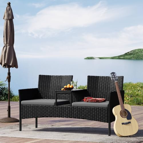 Aoxun Rattan-Gartenstuhl, 2-Sitzer-Loveseat, Terrassen-Sitzgarnitur mit Ablagetisch und wasserdichter Schutzhülle, platzsparende Sitzgelegenheit für kleine Gärten, Balkone und Terrassen (Dunkelgrau)