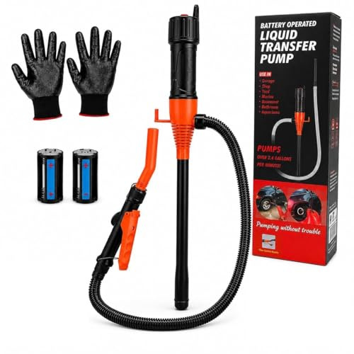 Elektrische Benzinpumpe Akku - Batteriebetriebene Elektrische Kraftstofftransferpumpe, für Benzinkanister und Öltanks, mit Durchflussregelventil, Handschuhe Inklusive, Orange Farbe