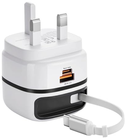 65W Retractable USB-C Charger Plug UK, Fast Charging Plug with Retractable 70cm Cable & USB-A QC 3.0 Port, Dual-Port 65W Type C Fast Charger for i-Phone with i-Pad, for Galaxy, Laptops & USB-C Devices