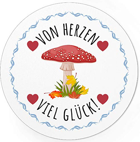 48 moderne Design Etiketten, rund/Viel Glück von Herzen - Pilz/Geschenk-Aufkleber/Sticker