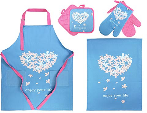 Premium Quality 100% Natural Cotton Cooking Aprons for Women with Pockets, Heat Resistant Oven Gloves, Tea Towels and Pot Holders