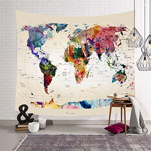 Mateju Weltkarte Wandteppich Tapisserie, Mandala Bohemian Wandbehang Vintage Welt Karte Decor Schlafzimmer Yoga Wandtuch Tischdecke Strandtuch (203x150cm,Beige)