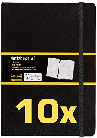 Idena 209281 Notizbuch FSC-Mix, A5, kariert, Papier cremefarben, 96 Blatt, 80 g/m², Hardcover in schwarz (10 Stück, kariert)