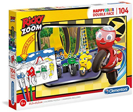Clementoni 25706 Happy Color Double Face Ricky Zoom – Puzzle 104 Teile ab 5 Jahren, doppelseitiges Kinderpuzzle mit Bild zum Ausmalen, inkl. 3 Filzstiften, Denkspiel für Kinder