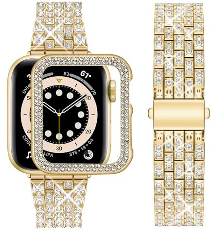 wutwuk Compatible Bling Apple Watch Straps 38mm with Case, Gold Sparkling Metal Woman iWatch Replacement Strap, Bling iWatch Strap Diamond Rhinestone Wristband for Apple Watch Series 3 2 1 38mm-Gold