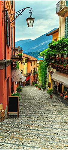 wandmotiv24 Türtapete Gasse mit Blick auf Berge & See, Italien 70 x 200cm (B x H) - Dekorfolie selbstklebend Sticker für Türen, Türfolie, Aufkleber, M1336