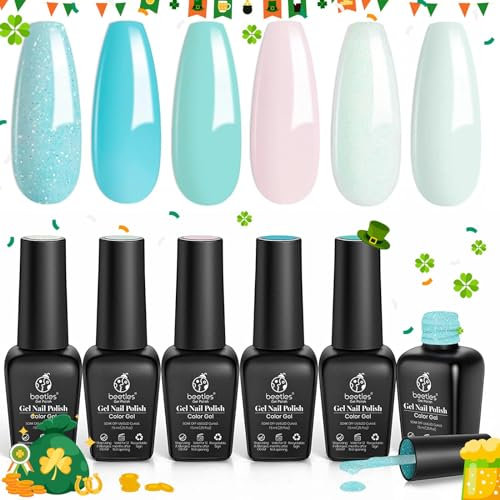 Beetles Zodiac Collection Gel Nail Polish Kit, Pisces Mermaid Tears Collection 6Pcs Gel Polish Baby Pink Mint Green Shimmer Glitter Ocean Colors Spring Summer Nail Art Gift for Girls Women