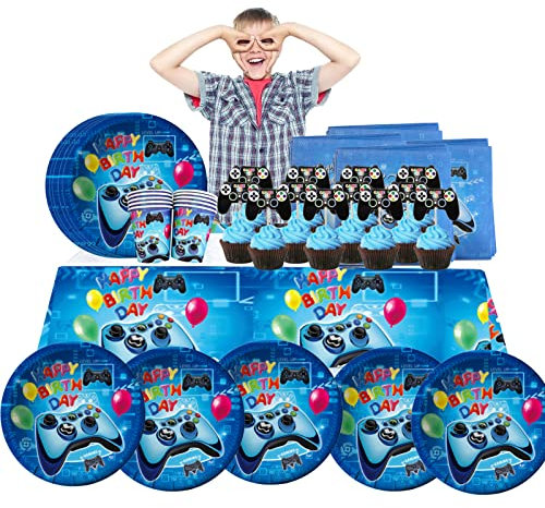 WUERKIYA 64 PCS 10 Persone Jeu Vidéo Vaisselle De Vaisselle Ensemble De Vaisselle Enfants Décoration d'anniversaire Vaisselle De Fête De Jeu Décoration De Gâteau Assiettes en Papier Tasses Serviettes