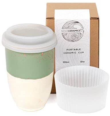NOVA CERAMICS Travel Mug - Ceramic to Go Coffee Mug with Lid – Travel Mug Ceramic to Go Cup – Microwave & Dishwasher Safe Ceramic Coffee Mug with Lid - Gifts for Women Men Him Her – 12oz – Sage Green
