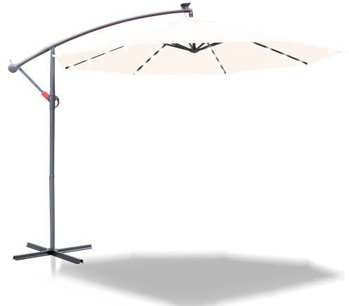Joparri Alu Ampelschirm LED Solar Sonnenschirm Beige Ø 350 cm mit Kurbel| Ampelschirm mit Ständer | Gartenschirm Sonnenschutz UV-Schutz Aluminium | Kurbelschirm Marktschirm wasserdicht