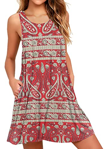AUSELILY Boho Kleid Damen Kurz Urlaub Midi Ärmellos Swing Sommerkleid Mit Taschen Boho Floral Rot,XL