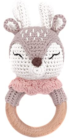 Baby Greifling Rassel Beißring,Tier Gehäkelte Babyrassel Häkeln Holz Greifling Baby Rassel Fuchs Tiger Löwe Hase Baby Montessori Babyspielzeug für Neugeborenes Baby Junge Mädchen Geschenk zur Geburt