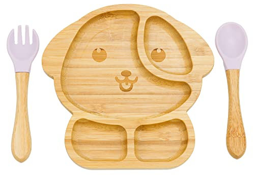 Plato con Ventosa para Bebés,Feelhap Plato de Alimentación con Tenedor y Cuchara para Bebés,Plato BLW con Compartimentos,Natural Juego de Cubiertos para Bebés y Niños (Cachorro_Rosa)