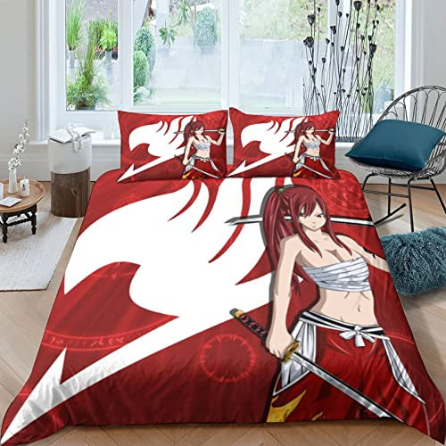 ELGISI Erza Scarlet Bettbezug Anime Bettwäsche Fairy Tail Bettwäsche Set 3 Teilig Mikrofaser Bettbezüge Mit Reißverschluss Kissenbezug 3D-Digitaldruck Mädchen Kinder Jungen King（220x240cm）