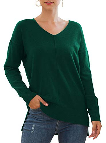Yommay Jersey para mujer con cuello de pico, ligero, manga larga, elegante, jersey de punto, cálido, moda para invierno, verde oscuro, M
