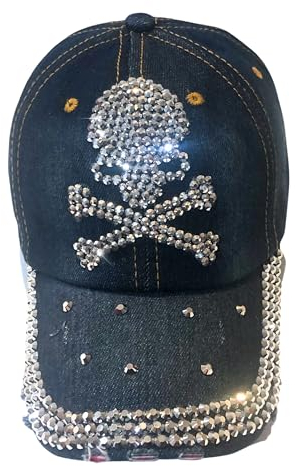 Popfizzy Damen Bling Skelett Strass Schädel Baseball Cap, Bling Skull (Dark Denim), Einheitsgröße
