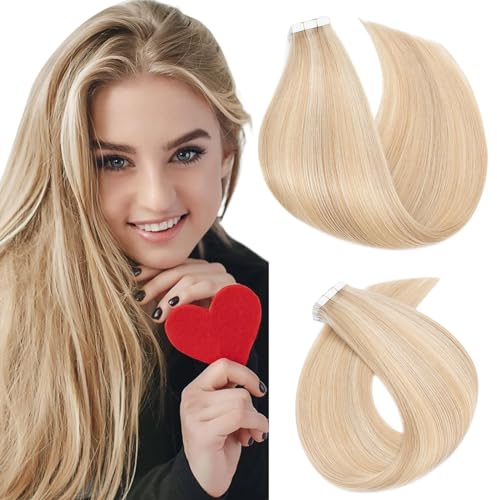 Elailite Echthaar Extensions Tape in #18P613 Aschblond mix Bleichblond, 20 Stück/Packung 25cm Haarverlängerungen Haarextension Klebe Invisible 20g