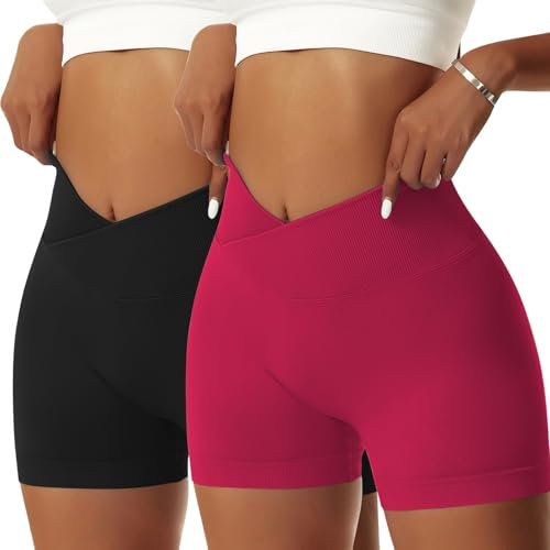 Vertvie Damen Gym Shorts V Cross Stretch Push Up Yoga Shorts Booty Scrunch Fitness Hosen Kurz High Waist Nahtlos Workout Sportshorts Butt Lift Kurze Leggings Sommer (Schwarz/Rot, S)