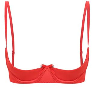 CHICTRY Womans PVC Leather Push Up Underwire Shelf Bra Crop Top Demi 1/2 Cup Unlined Balconette Bra Satin Red B S