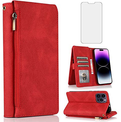 Asuwish Compatible with iPhone 14 Pro Max 6.7 inch Wallet Case Screen Protector and Zipper Leather Flip Cover Card Holder Stand for iPhone14promax 5G i Phone14Max Plus iPhone14 ProMax Women Men Red