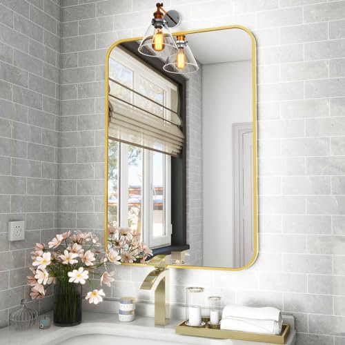Koonmi Wandspiegel Gold, 51x71 cm Badezimmerspiegel mit runder Ecke, Morden Spiegel Wand mit Rahmen aus Aluminiumlegierung für Wand montiert horizontal oder vertikal, Gold