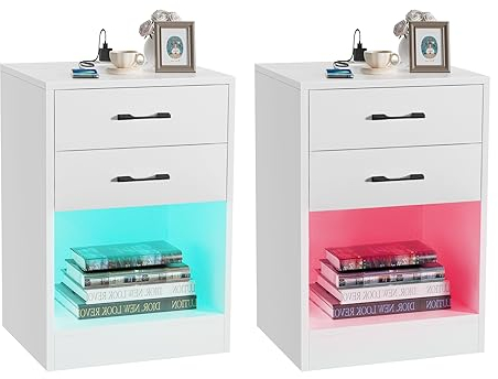 PIPIPOXER 2er Set Nachttisch Weiß mit Steckdose & USB, Nachttisch LED, Nachtschrank Nachtkommode 2 Schubladen mit Led 16 Farben Beleuchtung Beistelltisch für Schlafzimmer, 40x35x60cm, Weiß