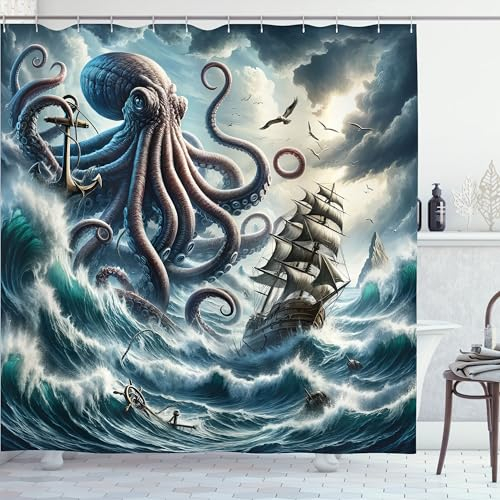 ABAKUHAUS Nautisch Duschvorhang, Fantasie Abenteuer im Meer mit Kraken Oktopus Monster Sturmwellen und Seefahrerschiff, Stoffliches Gewebe mit Haken, 175 x 200 cm, Türkis Mehrfarbig