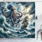 ABAKUHAUS Nautisch Duschvorhang, Fantasie Abenteuer im Meer mit Kraken Oktopus Monster Sturmwellen und Seefahrerschiff, Stoffliches Gewebe mit Haken, 175 x 200 cm, Türkis Mehrfarbig