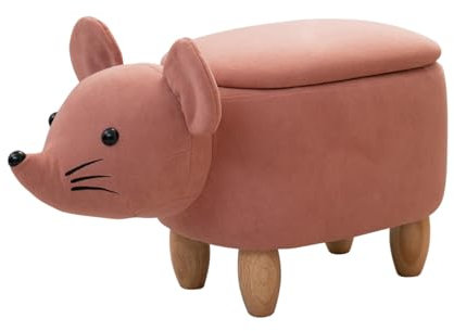 SVITA Tierhocker mit Stauraum Kinderhocker Ordnungshelfer Sitzhocker Polster mit Holzbeinen Kinderzimmer Deko Sitzbox Tier-Motiv Maus Rosa