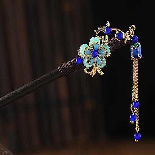 Rosojodg Palillo de pelo japonés chino azul, palillos de madera retro, palillos para el pelo con borlas vintage, palillo para el pelo para fiesta de boda, horquillas Hanfu, accesorios para el cabello