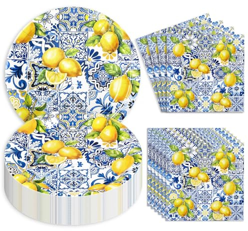 Generic AnyDesign 48Pcs Tiles Lemon Tableware Set Yellow Blue Disposable Dinnerware Set 24Pcs Paper Plates 24Pcs Dinner Napkins for Summer Party Supplies Table Decorations