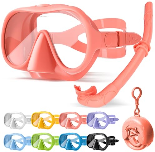 HINATAA Juego de esnórquel para adultos, gafas de buceo sin marco, 180°, ultra visión amplia, antivaho, antifugas, máscara de buceo profesional, gafas de natación para mujeres y hombres (juego rosa)