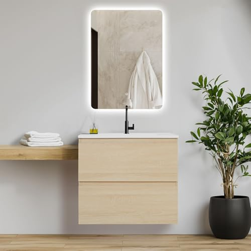 Homestyle4u 2664, Badmöbel Set 3 teilig Waschtisch mit Unterschrank 60 cm Badspiegel LED Waschbeckenunterschrank hängend