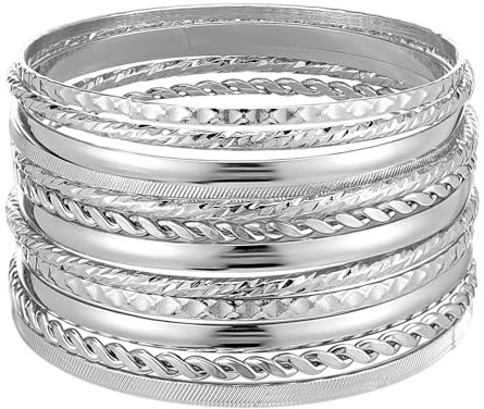 Yolev 12 Stuck Silber Armreif Indischer Schmuck Armband Set Teen Girls Punk Stapelbares Strukturiertes Armreifen Damen Braut Hochzeit Party Indianer Schmuck