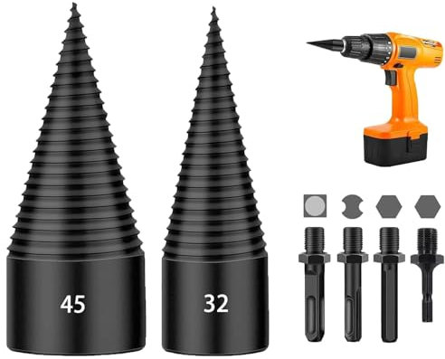 Wood Splitter Drill Bit 45 mm + 32 mm with 4 PCS Drill Handles, Drill Cone Wood Splitter, Wood Splitter Screw Cone, Home Wood Splitter Drill Precise & Fast Splitter for Wood Cone Splitter
