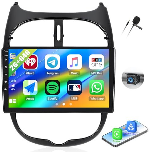 2G+64G CAMECHO Android Autoradio für Peugeot 206/Peugeot 206CC/Citroen C2 2002-2010 mit Carplay Android Auto, 9 Zoll Auto Stereo mit Bluetooth GPS WiFi FM/RDS Mirror Link SWC Rückfahrkamera&MIC