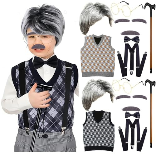 Alte Männer Kostüm für Kleine Jungen, Oma Kostüm Kinder, Opa-Kostüm für Kinder Kostüm zum 100 Schultag für Jungen mit Hut Fliege Weste Hosenträgern Brille Augenbrauen Bart Spazierstock Taschenuhr
