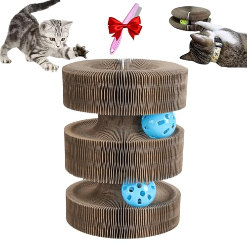 Kitty Kurlz Cat Toy, Reversible Infinity Kitty Kurlz Toy, Kitty Curls Cat Toy, Magic Organ Cat Scratching Board Kurlz Toy, Cat Accordion Toy with Ball, Nteractive Scratch Pad Cat Toy(Cylindrical)