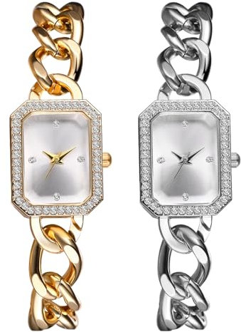 JewelryWe Damenuhr Klein Rechteckige Uhr: 2pcs Glitzer Strass Analog Quarz Armbanduhr Damen Edelstahl Kettenarmband Ultradünne Diamantuhr mit Eckigem Zifferblatt & Diamantlünette