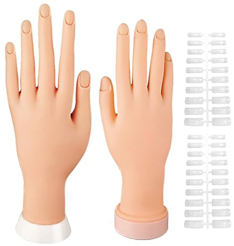 1 Pair Nail Practice Hand with 200Pcs Nail Sticker, Silicone Mannequin Hand, Flexible Bendable Practice for Acrylic Nails Manicure Training Hands