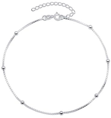 Amberta Bracelet de Cheville pour Femme en Argent Sterling 925 | Chaînes de Cheville Réglables d'Été Perles Coeur Bijoux Bohème: Chaîne de Pied à Boules